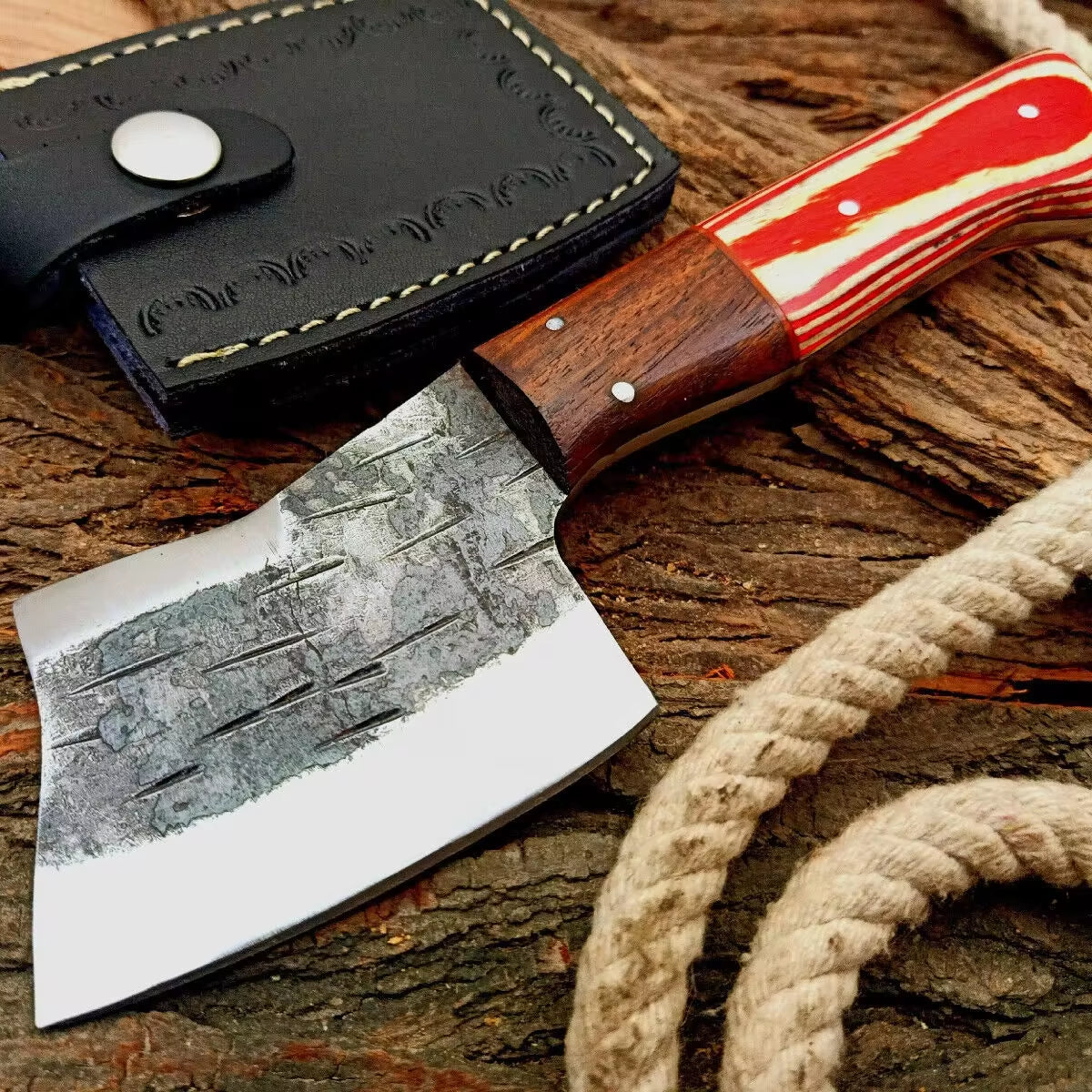 Handcrafted Damascus Carbon Steel Cleaver Knife with Leather Sheath
