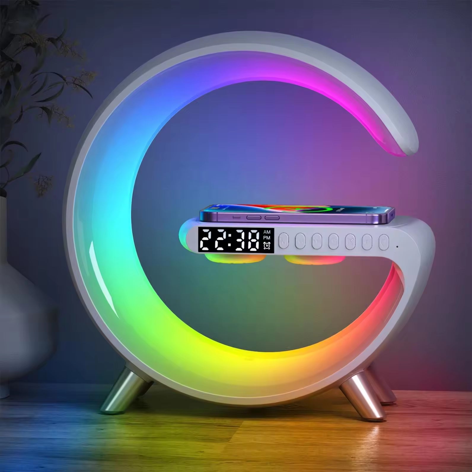 "Smart Wireless Charging Table Lamp with Clock, Music Speaker, and Colorful Ambient Lighting"