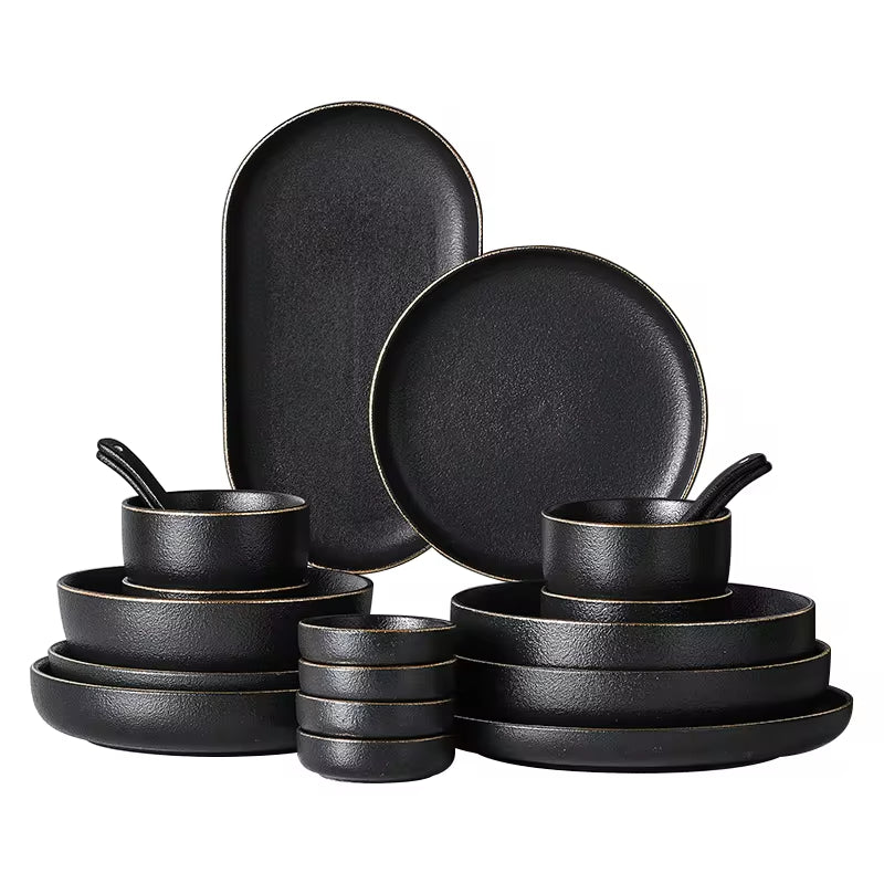 "Nordic Elegance: 11-Piece Matte Black Ceramic Dinnerware Set"