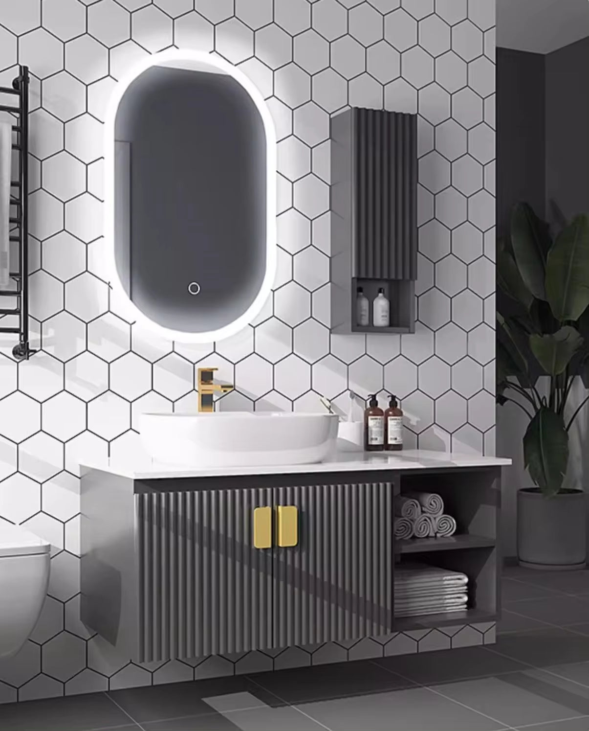 "Modern LED-Lit Wooden Wall Hung Bathroom Vanity Cabinet"