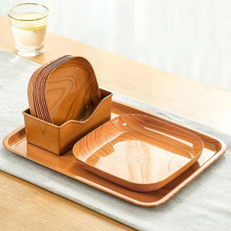 "Wood-Grain Snack Tray Set: Perfect for Serving Cake, Fruit, Sushi, and More!"