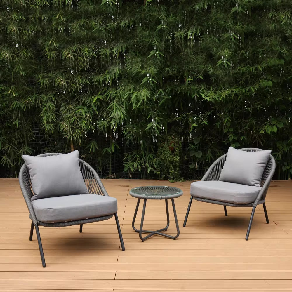 "Modern Rope Garden Park Outdoor Furniture Set - 3 Piece Table and Chair Ensemble"