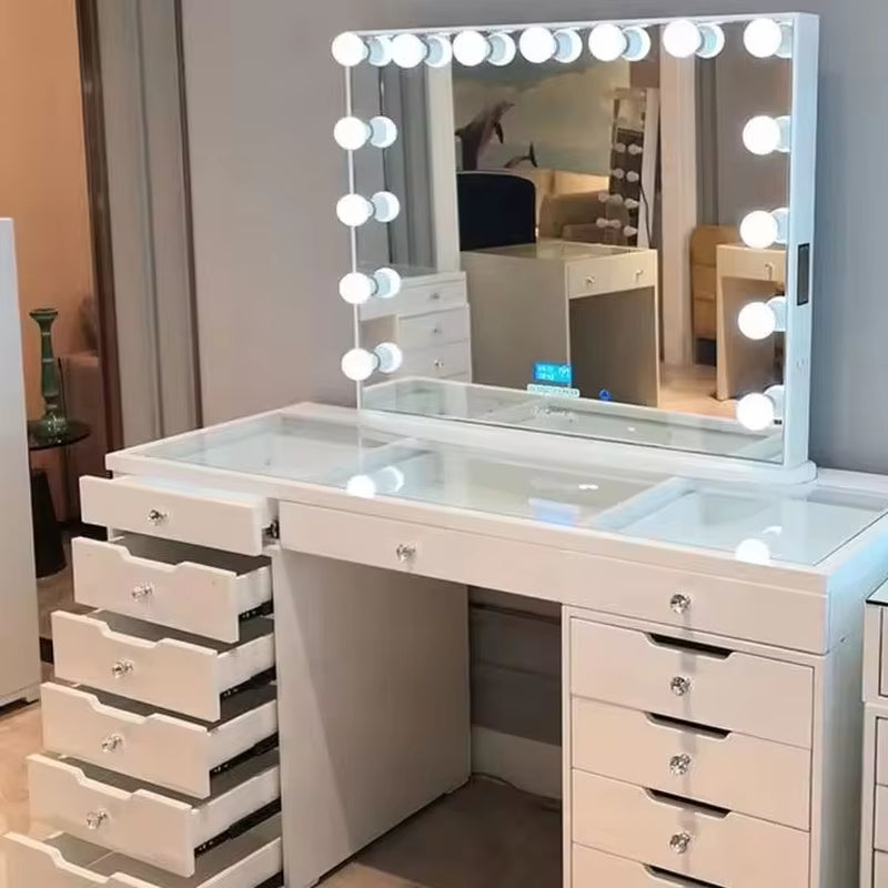 "Modern LED Light Bedroom Vanity Set with Optional Storage - White Color"