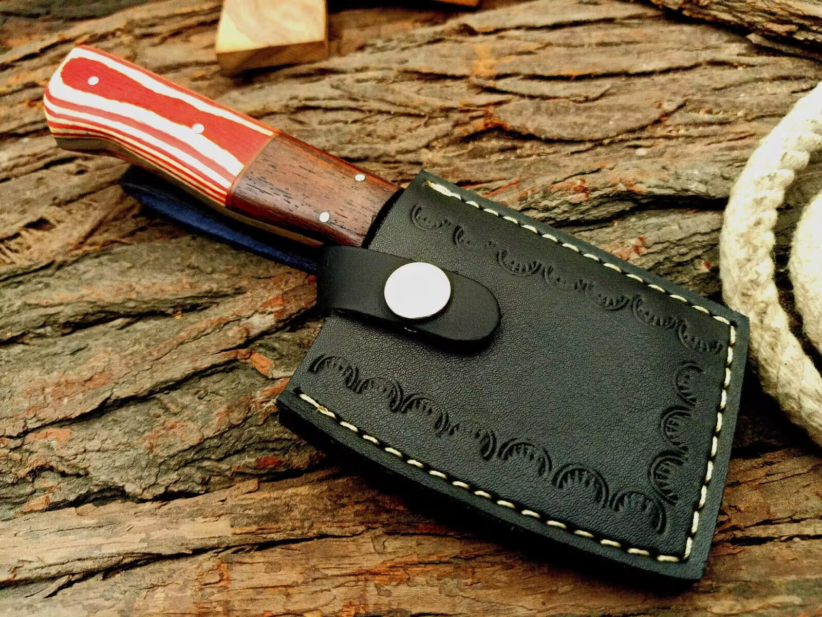 Handcrafted Damascus Carbon Steel Cleaver Knife with Leather Sheath
