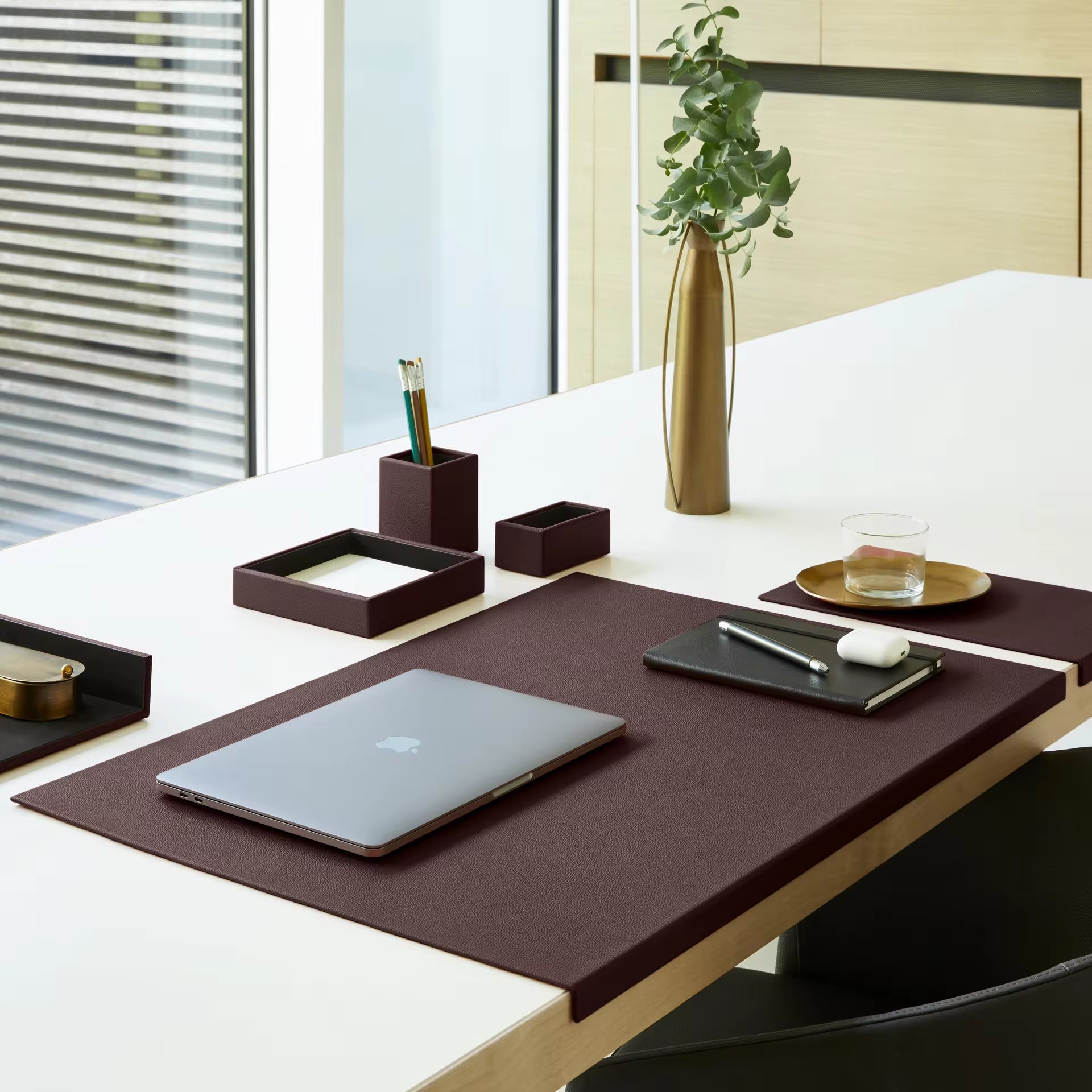 Luxurious Dark Brown Real Leather Office Desk Set