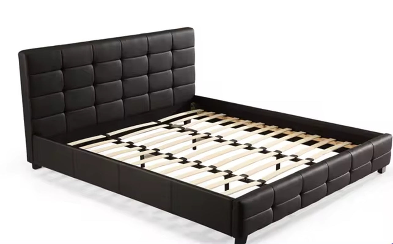 Deluxe Upholstered Queen Size Platform Bed Frame with Curved Headboard and Wood Slat Support