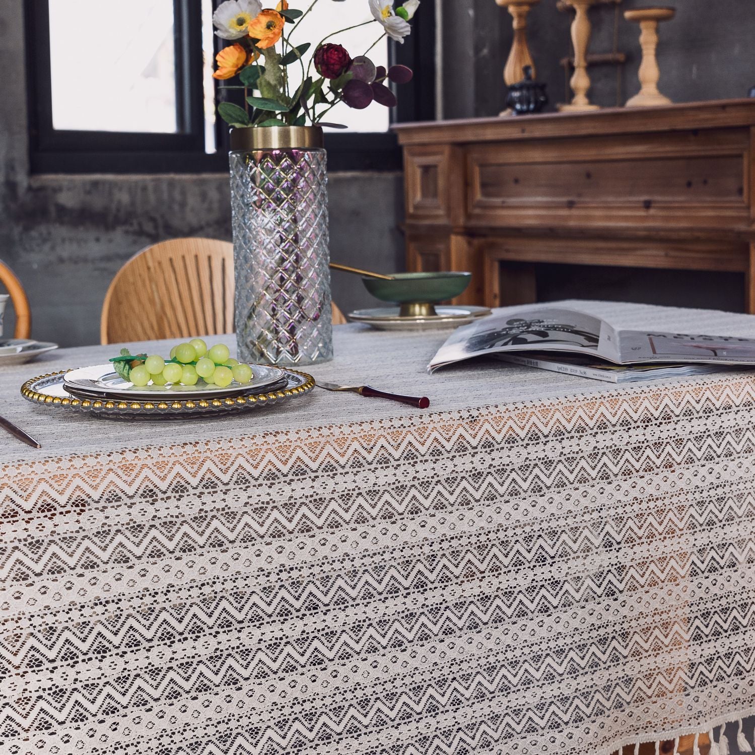 Lace Hollow Dining Table Fabric White
