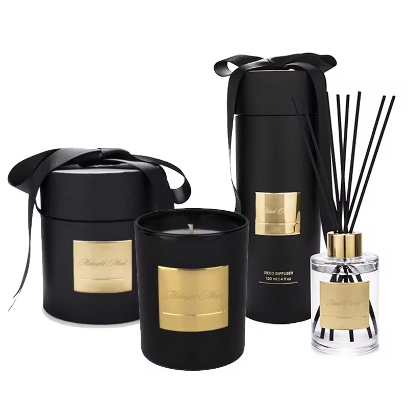 Luxury Christmas Home Fragrance Gift Set: Black Candle Jars & Reed Diffuser
