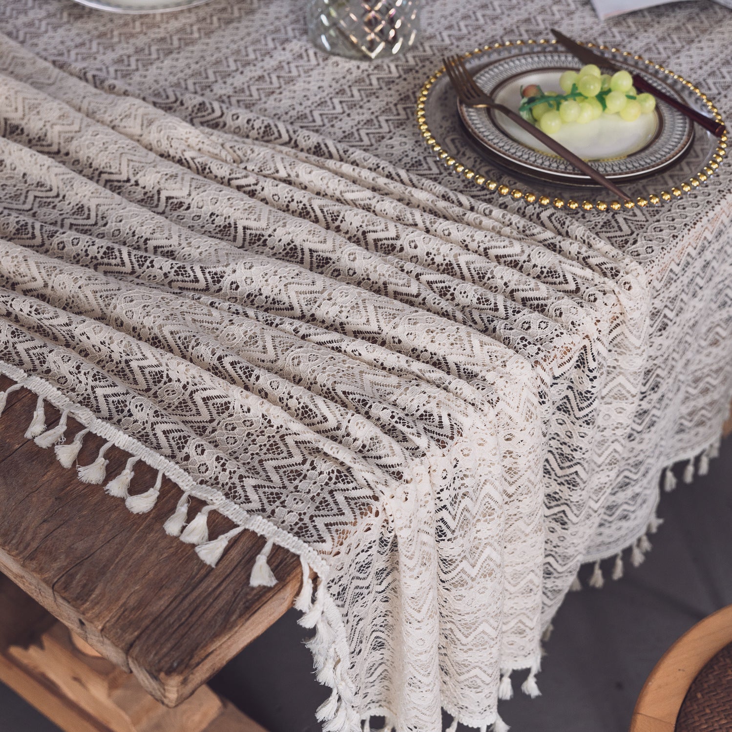 Lace Hollow Dining Table Fabric White