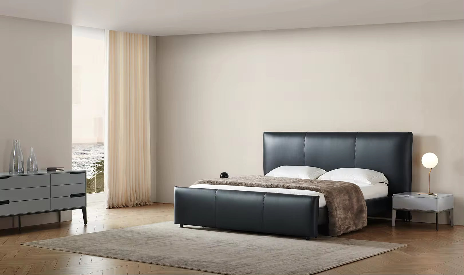 Luxurious King Size Modern Bedroom Set with Leather Bed