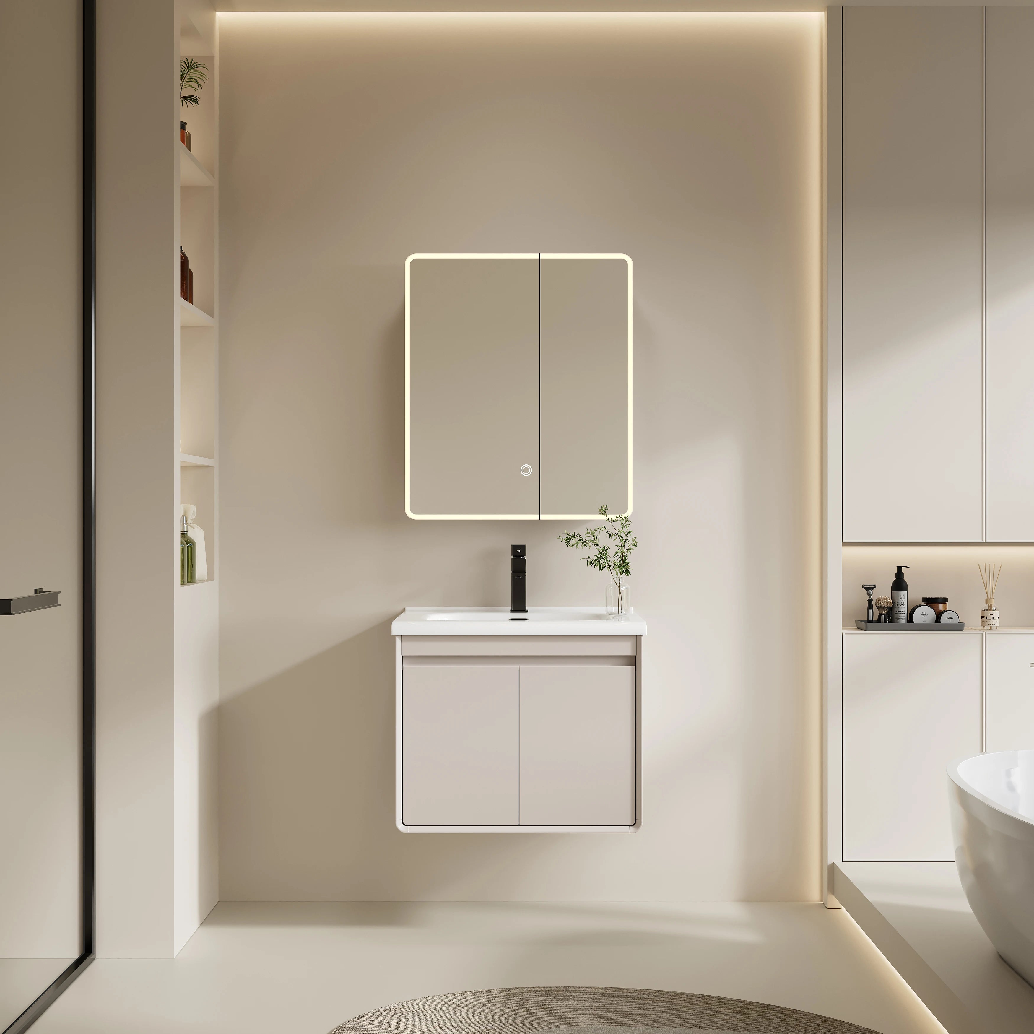 Modern PVC Bathroom Vanity Furniture Waterproof Smart Mirror Cabinet with Light for Home Hotel 3 Years Triangle Customized Size