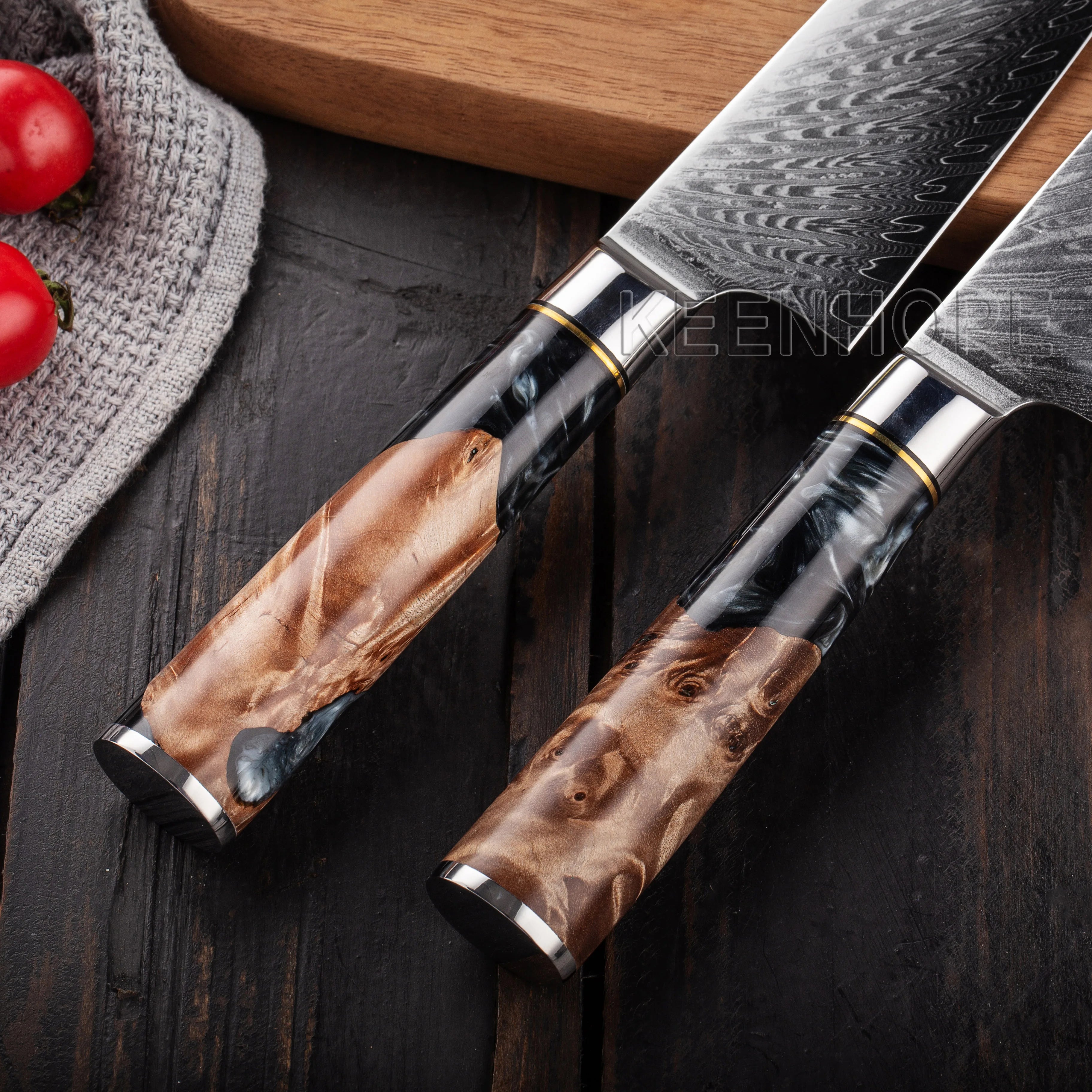"Premium 9-Piece Damascus Chef Knife Set with Exotic Wood Handles"