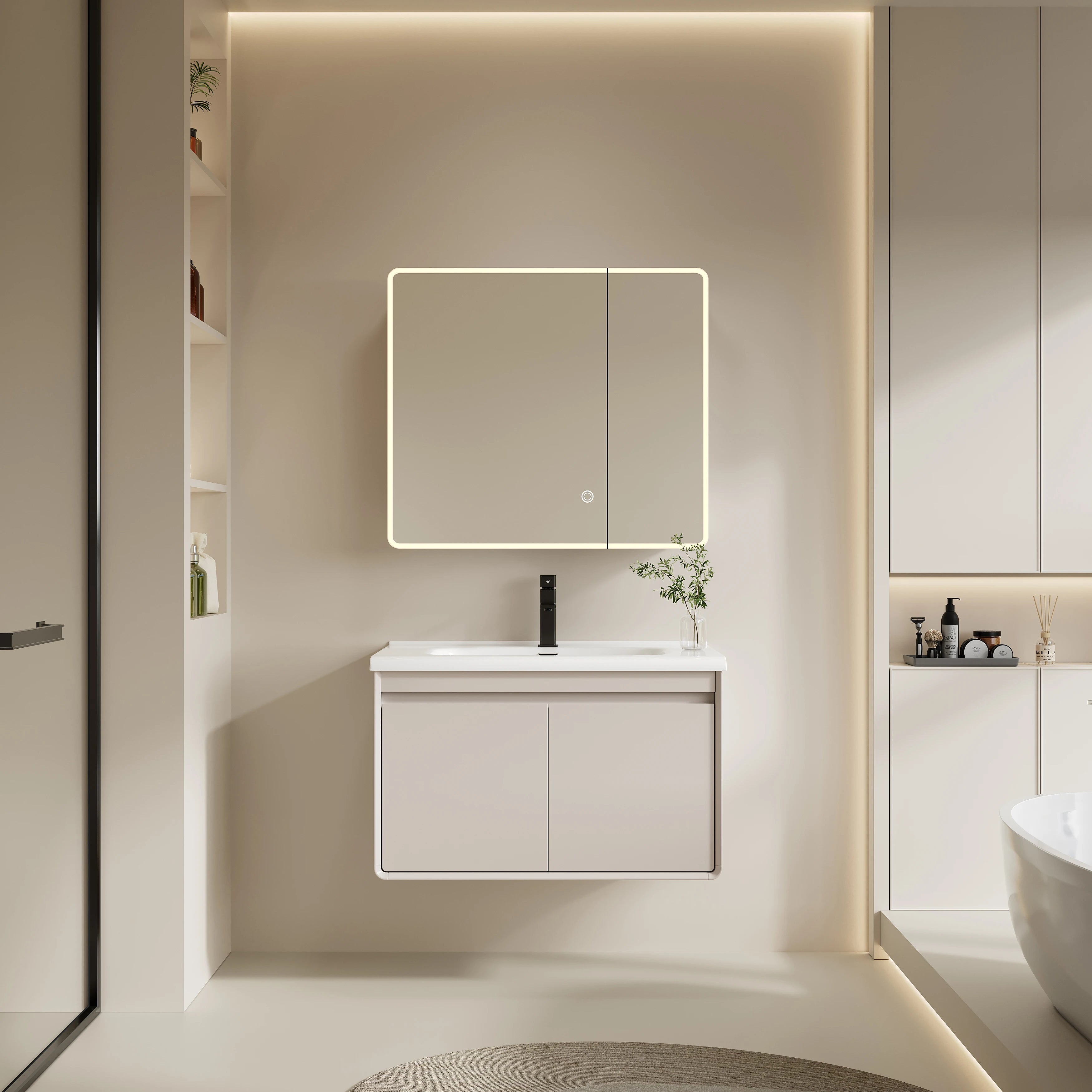 Modern PVC Bathroom Vanity Furniture Waterproof Smart Mirror Cabinet with Light for Home Hotel 3 Years Triangle Customized Size