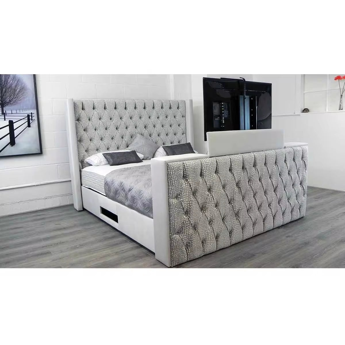 Luxurious King Size Smart Bed with TV, Fireplace, and Remote Control