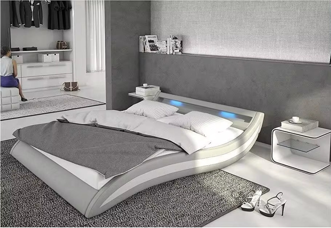 Luxurious King Size Faux Leather Bed Frame with LED Headboard and Storage