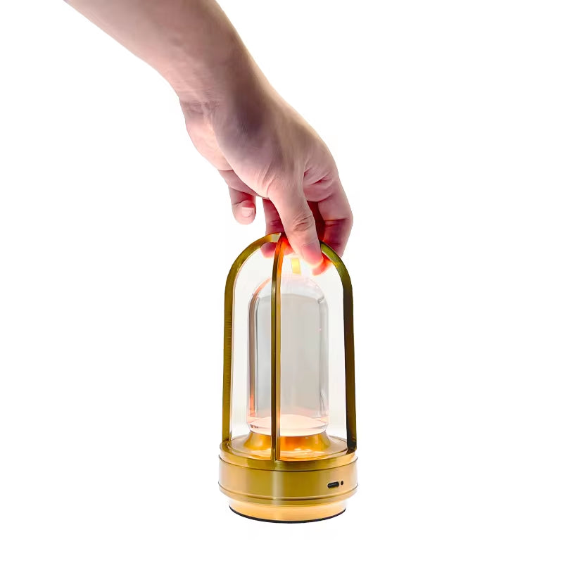 Nordic Led Rechargeable Dimmable Cordless Dinner Aluminum Battery Crystal Lantern Table Lamp Outdoor Restaurant Decor