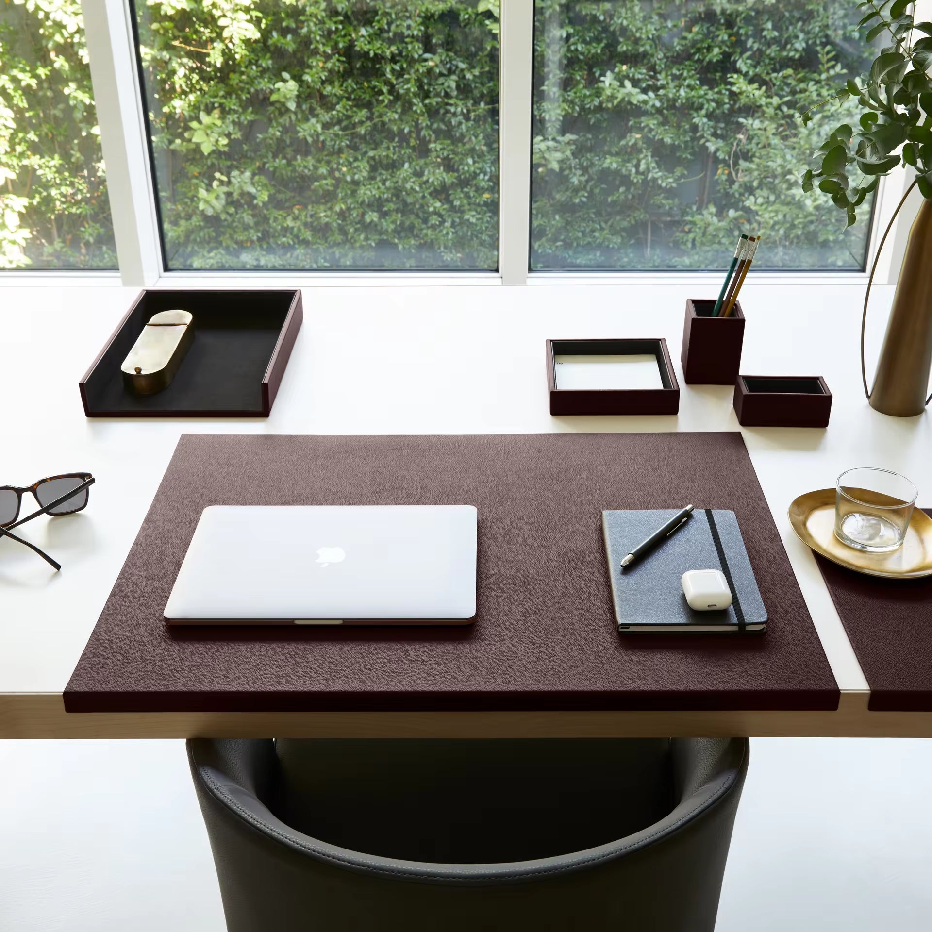 Luxurious Dark Brown Real Leather Office Desk Set