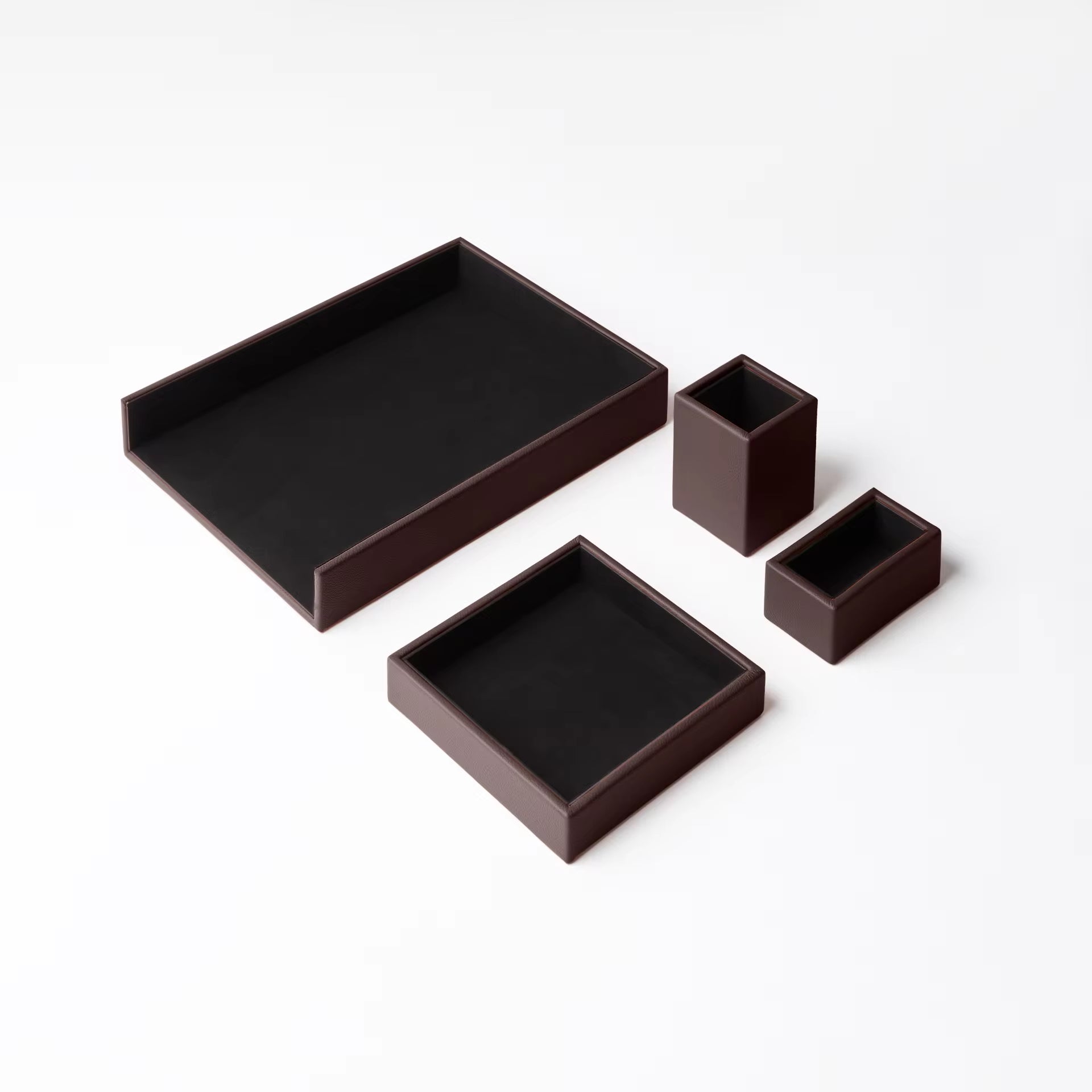 Luxurious Dark Brown Real Leather Office Desk Set