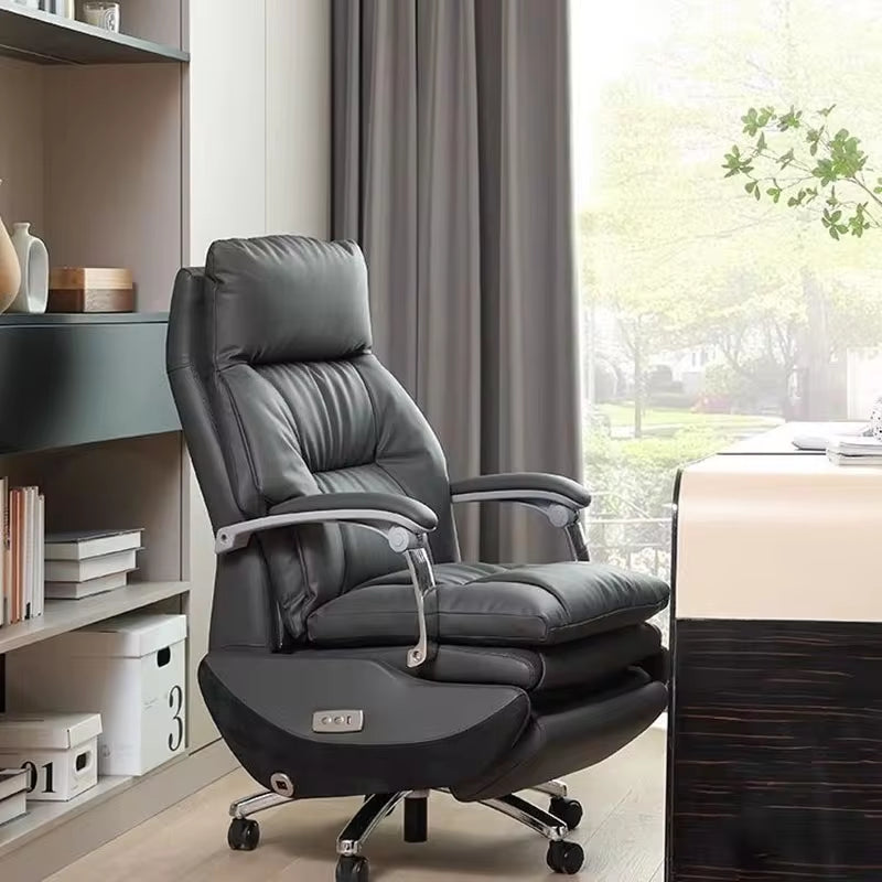 Professional title: "Large Reclining Electric Swivel Ergonomic Office Chair with Genuine Leather Upholstery"