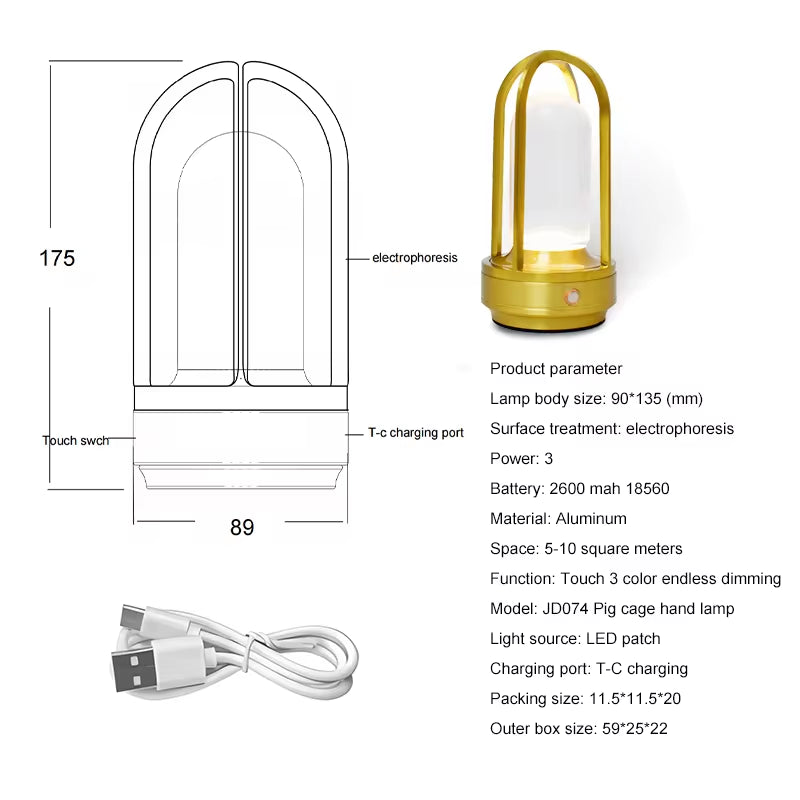 Nordic Led Rechargeable Dimmable Cordless Dinner Aluminum Battery Crystal Lantern Table Lamp Outdoor Restaurant Decor