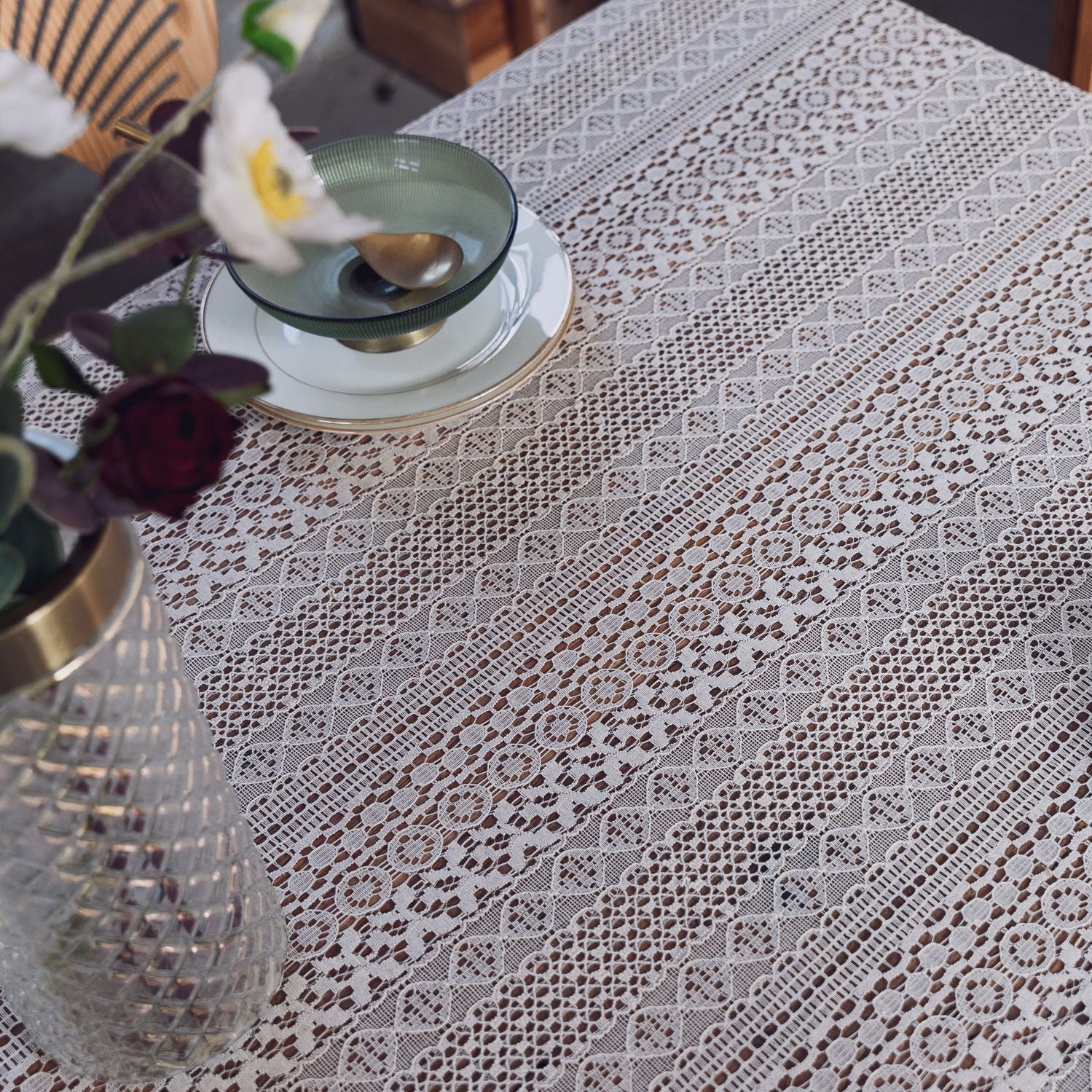Lace Hollow Dining Table Fabric White