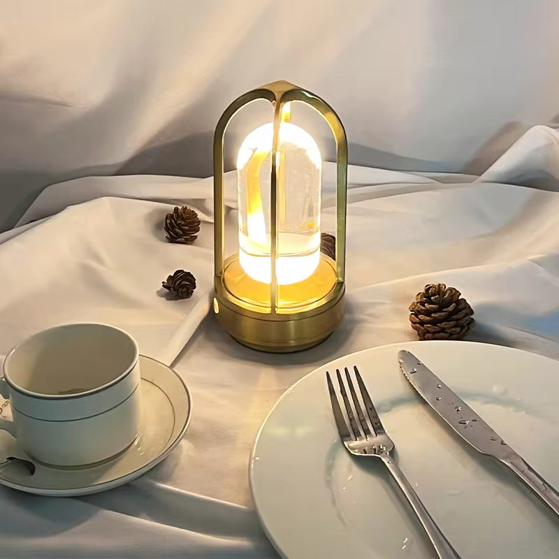 Nordic Led Rechargeable Dimmable Cordless Dinner Aluminum Battery Crystal Lantern Table Lamp Outdoor Restaurant Decor