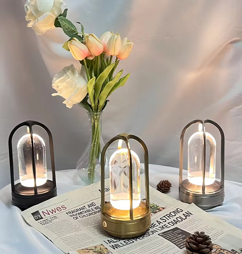 Nordic Led Rechargeable Dimmable Cordless Dinner Aluminum Battery Crystal Lantern Table Lamp Outdoor Restaurant Decor